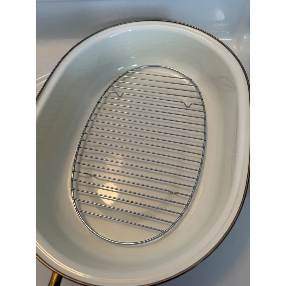 Vintage Fruit Motif Enamelware Roasting Pan with Lid and Rack Brass Handles - Picture 7 of 12